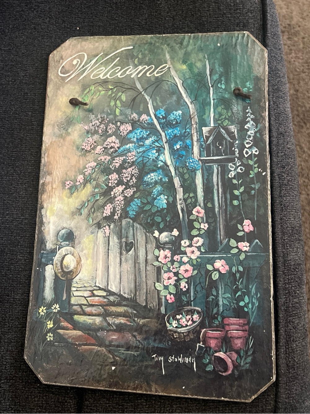 Vintage Welcome Plaque Signed By Tiny Stahlman Hand Painted Historic 100 Yr Old